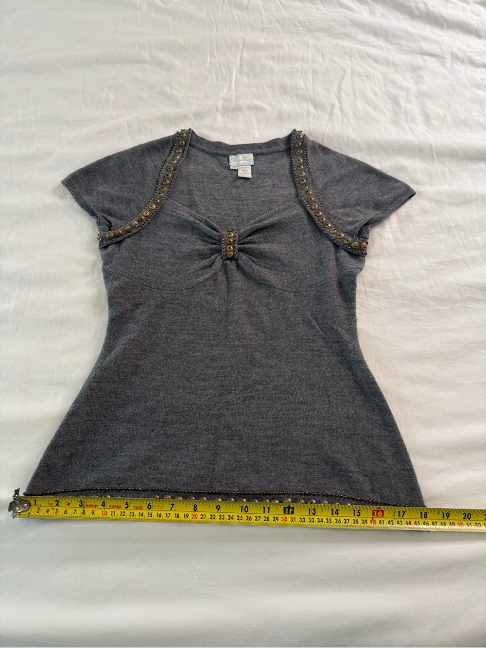Taryn Rose 100% Merino Wool Studded Sweater Y2K Boho Glam Gray S - Picture 12 of 12